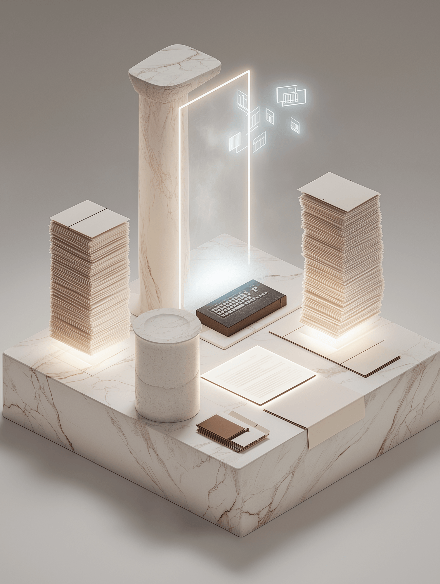 An isometric marble diorama: two tall stacks of paper flanking a keyboard on a plinth, with faintly glowing interface panels rising above it.